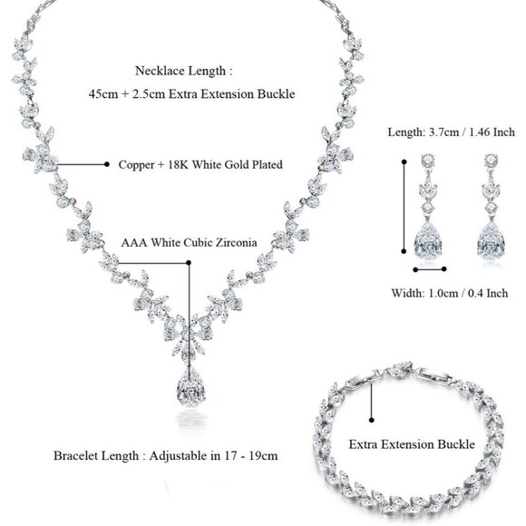 🆕Women Silver Jewelry Set Necklace Dangle Earrings Bracelet Set Cubic Jewelry - Picture 4 of 5